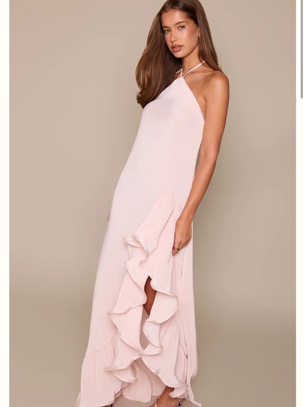 PrettyLittleThing Pale Pink Asymmetrical Halter Ruffle Maxi Dress